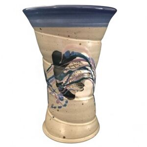 Vintage Artist Signed Cunningham Large Studio Pottery Vase - 1995 Tan Blue Mauve